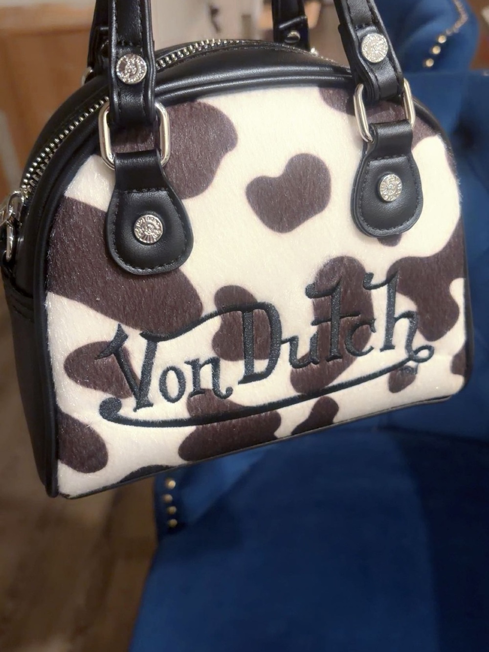 Von Dutch Black & Cream Cow-Print Dome Satchel
